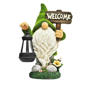 �K�[�f�����C�gLED�\�[���[���C�g �\�[���[�p���[ Meagkka Garden Gnome Statue Outdoor Decor Large Flocked Resin Gnome Figurine with Solar Light Holding Lantern Welcome Sign Garden Yard Decorations Dwarf Sculpture for Outside Patio Por �y