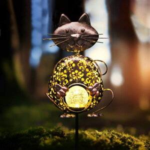 K[fCgLED\[[Cg \[[p[ KAIXOXIN Garden Solar Lights Metal Cat Crackle Glass Globe Stake Light Waterproof Warm White LED Solar Path Lights (Cat-Bronze) ysAiz