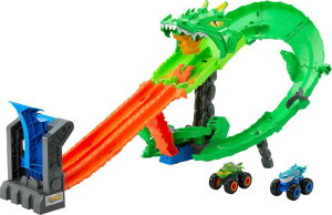 zbgEB[ X^[gbN Hot Wheels Toy Monster Trucks, Sharks vs. Dinos Dragon Destruction Playset with 1:64 Scale Great Bite & Rageasaur, Race to Defeat The Cyborg Nemesis ysAiz