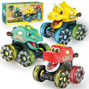 zbgEB[ X^[gbN OMAKCOO 3 Pack Dinosaur Monster Truck Toys with Light-Up LED Wheels for Toddlers Kids ysAiz