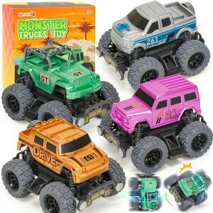 zbgEB[ X^[gbN SevenQ Monster Truck Toys for Boys, 4 Pcs Toy Cars Flip Stunt Car, Pull Back Race Cars Party Favors Friction Powered Cars Retro Toddler Toys Vehicles Goodie Bag Stuffers Birthday ysAiz