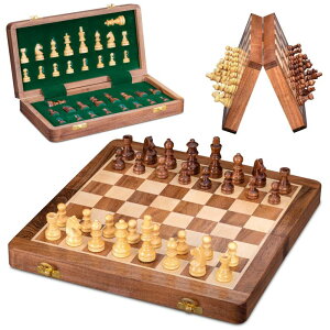 `FXZbg INTAJ Magnetic Wooden Chess Set ? 10 Inch Folding Travel Chess Board for Adults and Kids | Handcrafted Acacia Wood Game with Storage Compartment | Decorative Medium Chess Set for Gift and Learning ysAiz