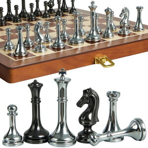 `FXZbg ELONGDI Metal Chess Set for Adults and Kids - 12 Inch Wooden Folding Chess Board and Metal Pieces, Travel Portable Chess Set - Extra Queens & 2.5" King, Ideal Gift for Chess Enthusiasts & Beginner ysAiz
