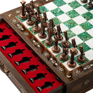 `FXZbg 15'' Wooden Chess Set with Metal Chess Pieces ? Handmade Storage Chess Board & British Metal Pieces ? Elegant Chess Gift for All Ages ? Gift for Him (Green) ysAiz