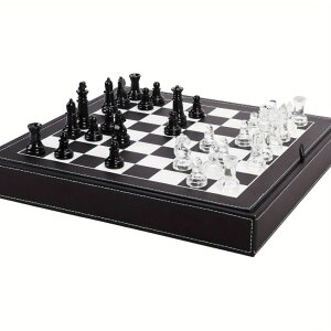 �`�F�X�Z�b�g Luxury Glass Chess Set for Adults - 2 Extra Queens, Premium Leather Storage Case with 13.2�h Chessboard Elegant Board Game Gift �y���s�A���i�z