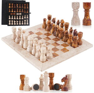 �`�F�X�Z�b�g Marble Chess Set 12 Inch Handmade Travertine and Brown Board Game with Storage Box, Classic Travel Chess Set for Adults with Pieces & 2 Extra Queens, Elegant Gift & Home D?cor �y���s�A���i�z