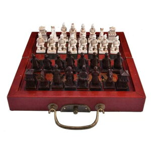 `FXZbg Retro Vintage Chinese Terracotta Warriors Chess Set Board Game Set Gift Friends Family 32 Chess Set Wood Table 3D Resin Chess ysAiz