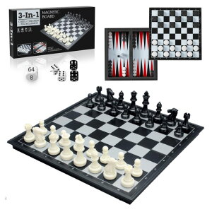 `FXZbg 3 in 1 Magnetic Chess Set - Folding 12.5'' Travel Board Games for Adults & Kids, Portable Checkers & Backgammon Set with Magnetic Pieces & Dice, Strategy Game for Car, Airplane, Family Night ysAiz