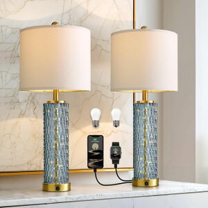 �T�t�@���B�� safavieh �e�[�u�������v �T�t�@�r�� �T�t�@���B�A Oneach 27.75�h Table Lamps Set of 2, Blue Modern Bedside Lamp with LED Night Light, USB A+C, Glass Lamps for Living Room, Bedroom, Nightstand, Office, End Table (2 Bulbs 