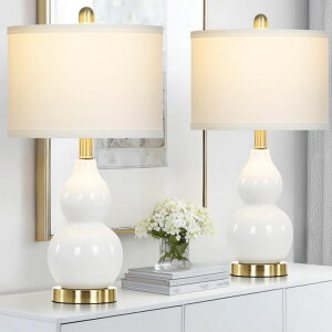 �T�t�@���B�� safavieh �e�[�u�������v �T�t�@�r�� �T�t�@���B�A 22" Modern Double Gourd Ceramic Table Lamps Set of 2, White Bedside Lamps for Living Room, Contemporary Nightstand Desk Lamps for Bedroom End Table Home Office Decor(2 LE 