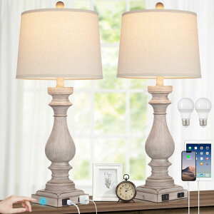 Tt@B safavieh e[uv Tt@r Tt@BA Rinweey 27.5" Farmhouse Table Lamp for Living Room Set of 2,Vintage Bedside Lamps with USB C+A Ports & AC Outlet,3-Way Dimmable Touch Control Gray Washed Finish Nightstan 