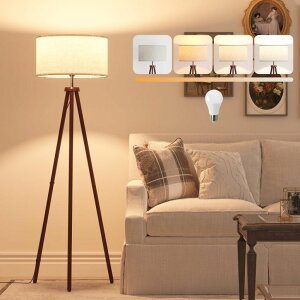 K[f  CeA u^  ̃IuWF EH[^[tH[t@Ee LiteHistory Wood Tripod Floor Lamps for Bedroom, Living Room, and Office, Corner lamp with Beige Linen Shade, 12W Three-Color Bulb I