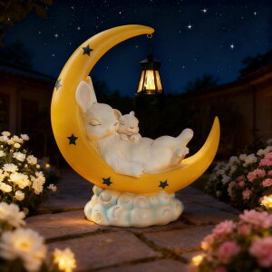 ガーデンライトLEDソーラーライト ソーラーパワー Solar Rabbit Garden Statues, Outdoor Bunny Decor, Resin Rabbit Figurine Lying on the Moon Cuddling a Baby Bunny with LED Lights for Porch Patio Lawn Yard Easter Housewarming Gardening 【