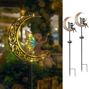 K[fCgLED\[[Cg \[[p[ Bshine Moon Solar Light Outdoor Garden Decoration,2 Pack Moon Fairy Garden Statue Outdoor Decor,Metal Waterproof Light Stake for Patio, Path, Yard and Lawn Ornament, Housewarming Gift y