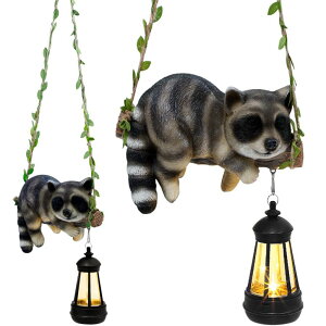 �K�[�f�����C�gLED�\�[���[���C�g �\�[���[�p���[ ZaaYee Solar Lighted Garden Outdoor Statue, 20.1 H Hanging Swing Lying with A Sleeping Raccoon and A LED Lantern, Resin Animal Figurine Hanging Ornaments with Hook for Decoration & Gi �y