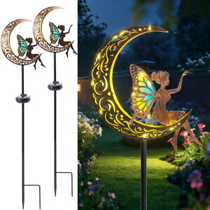 �K�[�f�����C�gLED�\�[���[���C�g �\�[���[�p���[ Afirst Solar Garden Lights Outdoor Decor Moon Fairy Stake Lights Waterproof Warm White LED Metal Stake Decor for Outdoor Pathway Yard Lawn Decoration Housewarming Mom Gifts 2 Pack �y��