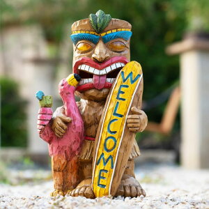 �K�[�f�����C�gLED�\�[���[���C�g �\�[���[�p���[ EPTUEGA Outdoor Tiki Statue with Surfboard Flamingo-Solar Garden Decor - Tiki Man with Automatic Switch On Flickering Eyes LED Light for Tiki Bar Decorations, Patio, Balcony, Yard,Lawn �y
