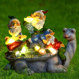 �K�[�f�����C�gLED�\�[���[���C�g �\�[���[�p���[ Upgraded Size Solar Garden Outdoor Statues Three Gnomes having party on turtle with 7 LED Solar Figurine for Lawn,Patio,Balcony,Yard Decor Unique Housewarming Gift, for grandfather, Fa �y