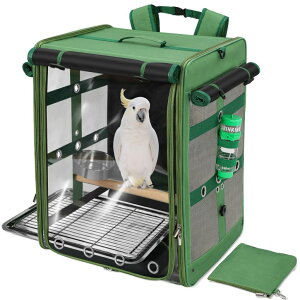 �C���R ���� �o�[�h �g���x���L�����A�[ Suertree Bird Carrier Travel Cage, Cockatoo Carrier, Parrot Travel Backpack with Unbreakable Stainless Steel Mesh, Perch, Water Bottle and Food Bowl, X-Large Green �y���s�A���i�z