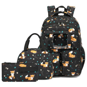 �C���R ���� �o�[�h �g���x���L�����A�[ Kouxunt Fox School Backpack for Teens Girls, 3PCS Refrigerator Door Backpacks with Insulated Lunch Box Pencil Bag for Kids Women Students (Black) �y���s�A���i�z