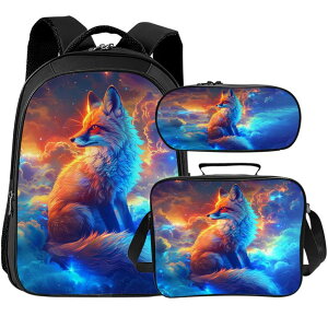�C���R ���� �o�[�h �g���x���L�����A�[ Tijuboni Kids Backpack for School Boys and Girls - 3pcs, Fox School Backpack with Lunch Box and Pencil Case for Children Teens Bookbag 16 Inch Large Capacity �y���s�A���i�z