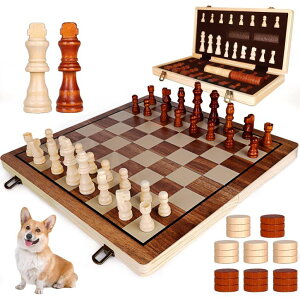 `FXZbg Demiwise 15 Inch Wooden Chess Sets,Chess & Checkers Set with 2 Extra Queens,Foldable Wooden Chess Set Board for Adults,Handmade Portable Chess Board Game for Familly Travelling Gift ysAiz