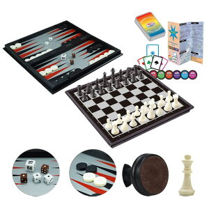 `FXZbg WEofferwhatYOUwant Magnetic Chess Set ? 4-in-1 Travel Game with Checkers, Backgammon & 5-Suit Card Game ? 14.2" Folding Board ? Large Plastic Pieces ? Portable Set for Kids & Adults ? Gift Idea ysAiz