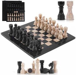 �`�F�X�Z�b�g SPESHSTONES Marble Chess Set 12 Inch Black and Travertine Handmade Family Board Games with Storage Box, Luxury Table Chess Set for Adults with Pieces & 2 Extra Queens, Elegant Gifts & Home D?cor �y���s�A���i�z