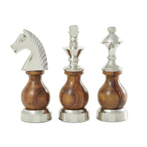 �`�F�X�Z�b�g Deco 79 Aluminum Metal Chess Decorative Sculpture King, Knight, Bishop Home Decor Statues with Wood Bellies, Set of 3 Accent Figurines 9, 9, 8H, Brown �y���s�A���i�z