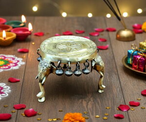 v eSplanade Brass Round Mandir Chowki | Elephant Pillars Pooja God Stool with Ghungroo ysAiz