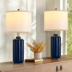�T�t�@���B�� safavieh �e�[�u�������v �T�t�@�r�� �T�t�@���B�A Liyicha Lamp for Living Room Bedroom Lamps Farmhouse Table Lamps Set of 2 Vertical Stripe Ceramic Table Lamp,Linen Shade with Bulb, 25 in High,Navy Blue �y���s�A���i