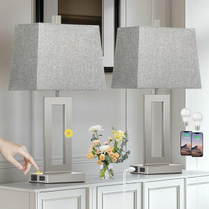 Tt@B safavieh e[uv Tt@r Tt@BA Cinkeda Touch Control Table Lamp Set of 2, Modern Silver Bedside Lamps with USB C+A Ports & AC Outlet, 3 Way Dimmable Bedroom Lamps for Night Stands Bedroom Living Room,N 