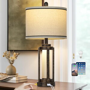 �T�t�@���B�� safavieh �e�[�u�������v �T�t�@�r�� �T�t�@���B�A Farmhouse Industrial Lamp with USB A+C Charging Ports & AC Outlet, 26 Vintage Rustic Retro Table Lamp with Glass LED Night Light & Linen Fabric Shade for Living Room Bed 