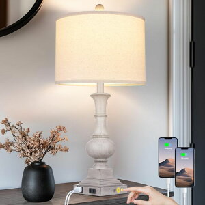 Tt@B safavieh e[uv Tt@r Tt@BA 26" Farmhouse Lamp with 2 USB Ports & AC Outlet, Vintage Rustic Touch Control Bedside Lamp, Resin 3-Way Dimmable Nightstand Lamp Fabric Shade for Living Room Bedroom Deco 