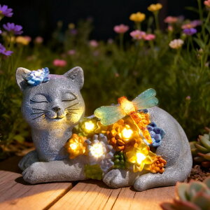 �K�[�f�����C�gLED�\�[���[���C�g �\�[���[�p���[ Solar Cat Garden Statue - Lying Outdoor Figurine with Dragonfly & Flower LEDs, Upgraded 2.0 Solar, Auto On/Off, IP65 Waterproof Hand-Painted Resin, Garden Decor, Gift for Cat Lovers, M �y