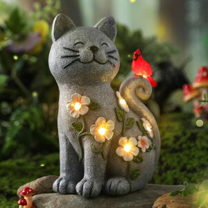 �K�[�f�����C�gLED�\�[���[���C�g �\�[���[�p���[ Amyhill Cat Outdoor Statues for Garden Decor Solar Light with Cardinal Flower for Outside Art Lawn Ornaments Porch Patio Balcony Home House Birthday Gifts for Grandma Mom Women �y���s