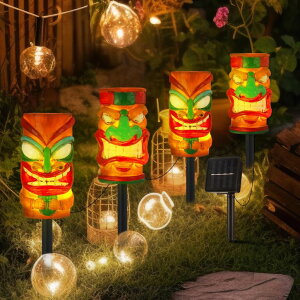 �K�[�f�����C�gLED�\�[���[���C�g �\�[���[�p���[ Tujoe 4 Pcs Tiki Solar Light Decor Outdoor Christmas Decorations Waterproof Tiki Statues for Outdoor Hawaiian Party Solar Light for Luau Birthday Party Tropical Bar Christmas Garden Ya �y