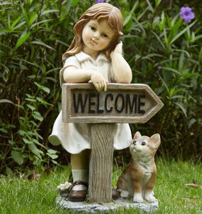 �K�[�f�����C�gLED�\�[���[���C�g �\�[���[�p���[ Floryden Girl Garden Statue with Solar LED Lights, Solar Girl Welcome Sign with Cat Garden Statue for Outdoor Decor, Porch, Patio, Yard Art Decorations, Polyresin 17.3 inch �y���s�A��