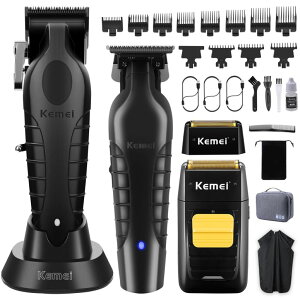 �y�b�g�o���J�� KEMEI Professional Hair Clipper and Trimmers Set, Cordless Barber Clippers, Beard Trimmer, Electric Foil Shaver with Replacement Heads, KM-2299, KM-2296, KM-1102 �y���s�A���i�z