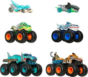zbgEB[ X^[gbN Hot Wheels Toy Cars & Monster Trucks, Sharks vs. Dinos Multipack with 2 Big Rigs, 2 1:64 Scale Monster Trucks & 2 1:64 Scale Hot Wheels Vehicles ysAiz