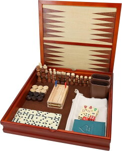 `FXZbg WE Games 7-in-1 Wooden Combo Game Set - Chess, Checkers, Backgammon, Dominoes, Cribbage, Dice & Cards, Walnut Wood 12 inch Combination Board Game Set for Adults ysAiz