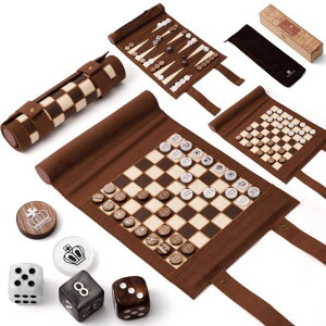 `FXZbg Woodronic 3 in 1 Chess Checkers Backgammon Set, Roll-up Leather Travel Chess Board Game, Portable Travel Backgammon Game Set for Adult, Travel Checkers Game with 32 Amber Pearl Pieces and 5 Dices ysAiz