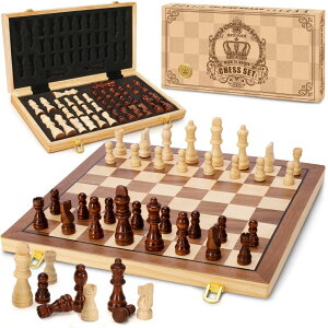 `FXZbg Magnetic Wooden Chess Set for Adults Kids, 15" Folding Chess Boards with 2 Extra Queens, Portable Travel Chess Sets with Pieces Storage Slots, Beginner Chess Game Set for Kids, Adults ysAiz