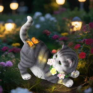 �K�[�f�����C�gLED�\�[���[���C�g �\�[���[�p���[ VelluraCove Solar Garden Statue Cat Figurine, Resin Solar Lights with Flower Decor for Outside, Yard Art Patio Balcony Lawn Decorations, Unique Gifts for Mom Grandma Women and Cat Love �y