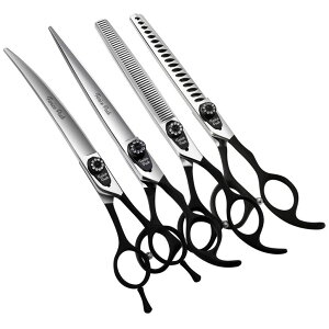 �y�b�g�o���J�� Fenice Peak 7.5'' Professional Dog Grooming Scissors Set with Black Non-Slip Handle 440C Stainless Steel Straight Thinning Curved Chunker Shears 4pcs Set for Pet Grooming Services �y���s�A���i�z