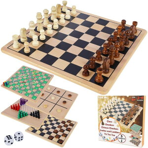 �`�F�X�Z�b�g Glintoper 5-in-1 Wooden Board Game with 2 Reversible Boards for Chess, Checkers, Chinese Checkers, Snakes and Ladders, Tic Tac Toe, Tabletop Combo Classic Portable Board Games for Kids to Adult �y���s�A���i�z