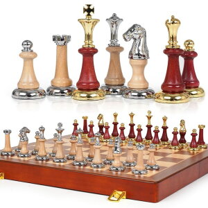 �`�F�X�Z�b�g Large Wooden Chess Set with Metal & Wooden Chess Pieces, Luxury 17 Inch Chess Board Game with 2 Extra Queens, Premium Classic Strategy Board Game for Adults, Kids, Beginners & Gift Lovers �y���s�A���i�z