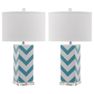 �T�t�@���B�� safavieh �e�[�u�������v �T�t�@�r�� �T�t�@���B�A SAFAVIEH Lighting Collection Chevron Modern Contemporary Light Blue Stripe 27-inch Bedroom Living Room Home Office Desk Nightstand Table Lamp Set of 2 (LED Bulbs Included 