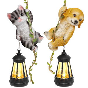 �K�[�f�����C�gLED�\�[���[���C�g �\�[���[�p���[ ZaaYee Set of 2 Solar Hanging Statue, Outdoor Resin Black White Cat & Golden Retriever Dog Figurine with LED Lights, Animal Ornament for Garden, Fence, Porch, Patio, Yard Decor �y���s
