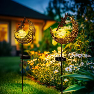 �K�[�f�����C�gLED�\�[���[���C�g �\�[���[�p���[ SUNCKET Fairy Garden Solar Lights Outdoor Moon Stakes, Waterproof Outdoor Metal Decor Gifts for Women Mom, Art Moon Sculpture for Yard, Patio, Garden, Porch, 2 Pack �y���s�A���i�z